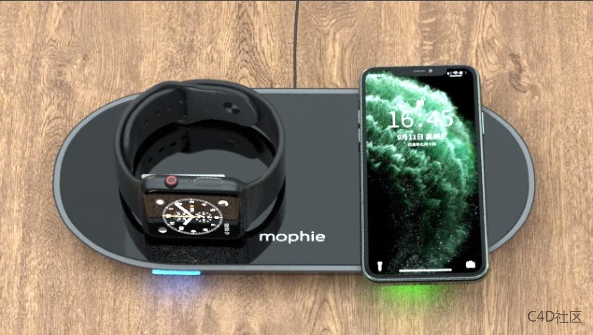 Apple 无线充电器场景-Apple Watch+iPhone 11 pro无线充电处场景-C4D octane场景工程